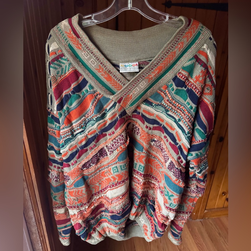 Vintage Coogi V-Neck Colorful Textured Sweater XL 100% Cotton
